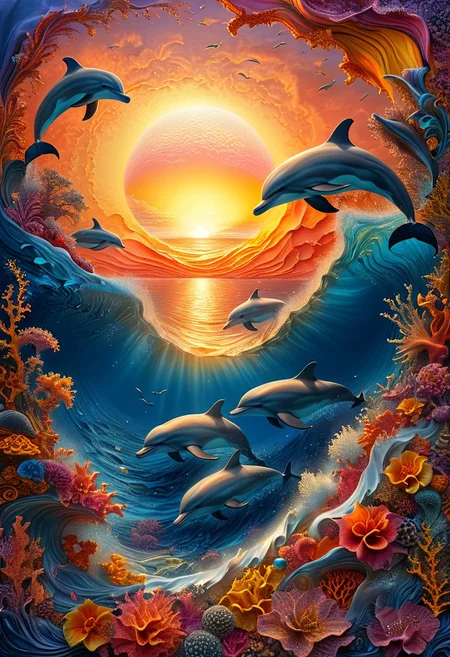 Masterpiece, 8k, sharp image, highest-quality, intricate details, circling dolphins in a foamy ocean, draped in colorful coral, crystal-clear waters under a yellow orange sunset, gorgeous patterns fill the scene, fractal, highly detailed, micro-details, micro-details within the micro-details, sharp edges, detailed textures, wide angle, cinematic view, in full view, atmospheric lighting, visually stunning, high contrast, trending on artstation