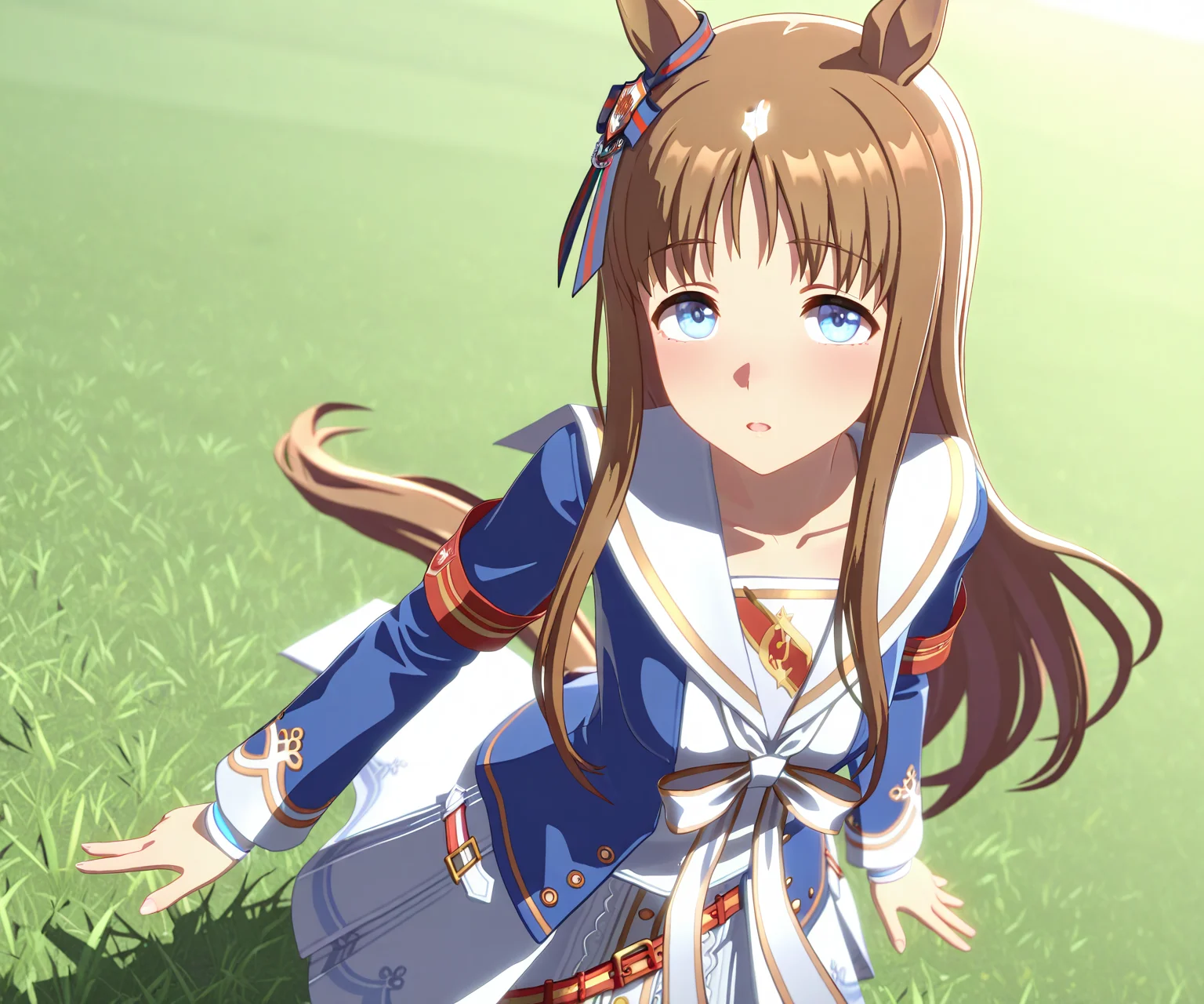 masterpiece, best quality, amazing quality, , 1girl, solo, looking at viewer, <lora:Grass Wonder in game style 3D ILL-v2:1> ummsmingame, 3d, grass wonder \(umamusume\),