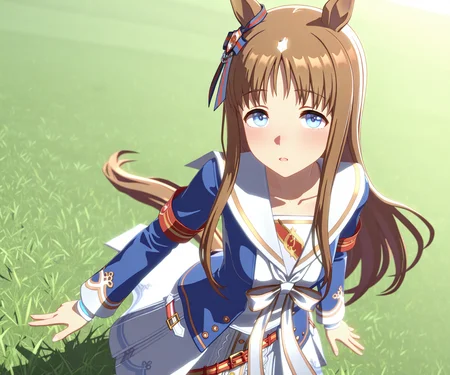 masterpiece, best quality, amazing quality, , 1girl, solo, looking at viewer, <lora:Grass Wonder in game style 3D ILL-v2:1> ummsmingame, 3d, grass wonder \(umamusume\),
