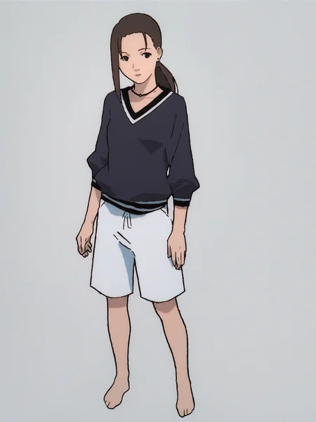 score_7_up, score_8_up, score_9, masterpiece, perfect hands, high quality, 1girl, solo, white background, <lora:Iwakura_Mika_PDXLv0-e40:0.8> iwakura_mika_\(home1\), black v-neck shirt, necklace, ponytail, white shorts, full body,