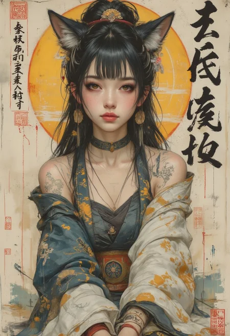 OBxiaoxiang painting, portrait of stunning oriental princess sitting outside shinto shrine, long dark hair, sidelocks, bangs, fox ears, hair ribbon, earrings, necklace, choker, chinese dress, direct gaze, light hitting one side of face, gradient colour background, Japanese kanji