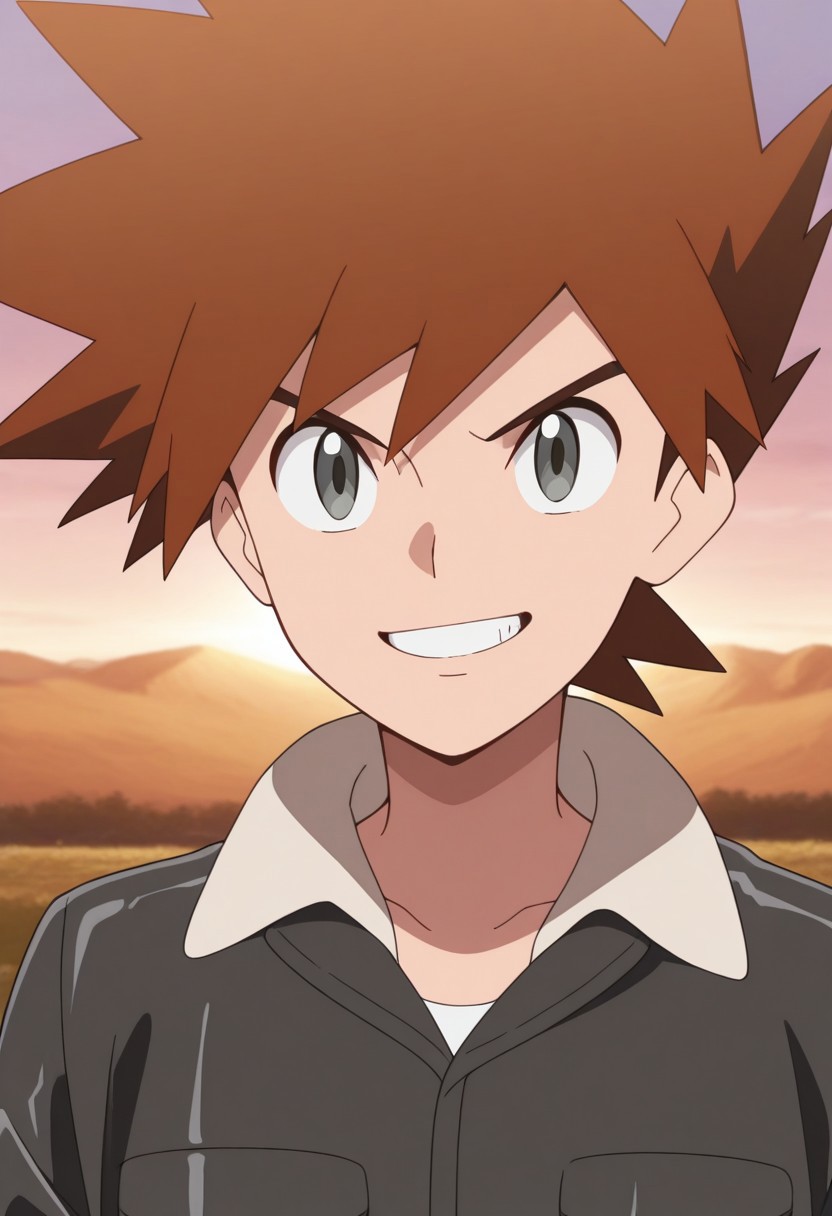 masterpiece,best quality,amazing quality, source_anime, 
shige_jou, 1boy, male focus, solo, grey eyes, brown hair, spiked hair, shirt, white shirt, collared jacket, jacket, black jacket, portrait, smile, grin,
outdoor,