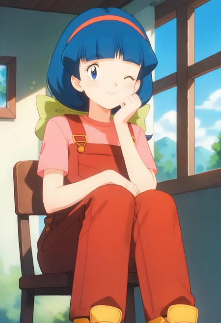 score_9, score_8_up, score_7_up, score_6_up, <lora:PMMelanie:0.9>, PMMelanie, aged up, blue eyes, blue hair, braided ponytail, blunt bangs, red hairband, green bow,
short sleeves, shirt, red overalls, pink shirt, yellow footwear,
looking at viewer, solo, smile, one eye closed, sitting, on chair, hand on own chin, 
BREAK blue sky, nature, sunlight, day, indoors, window,