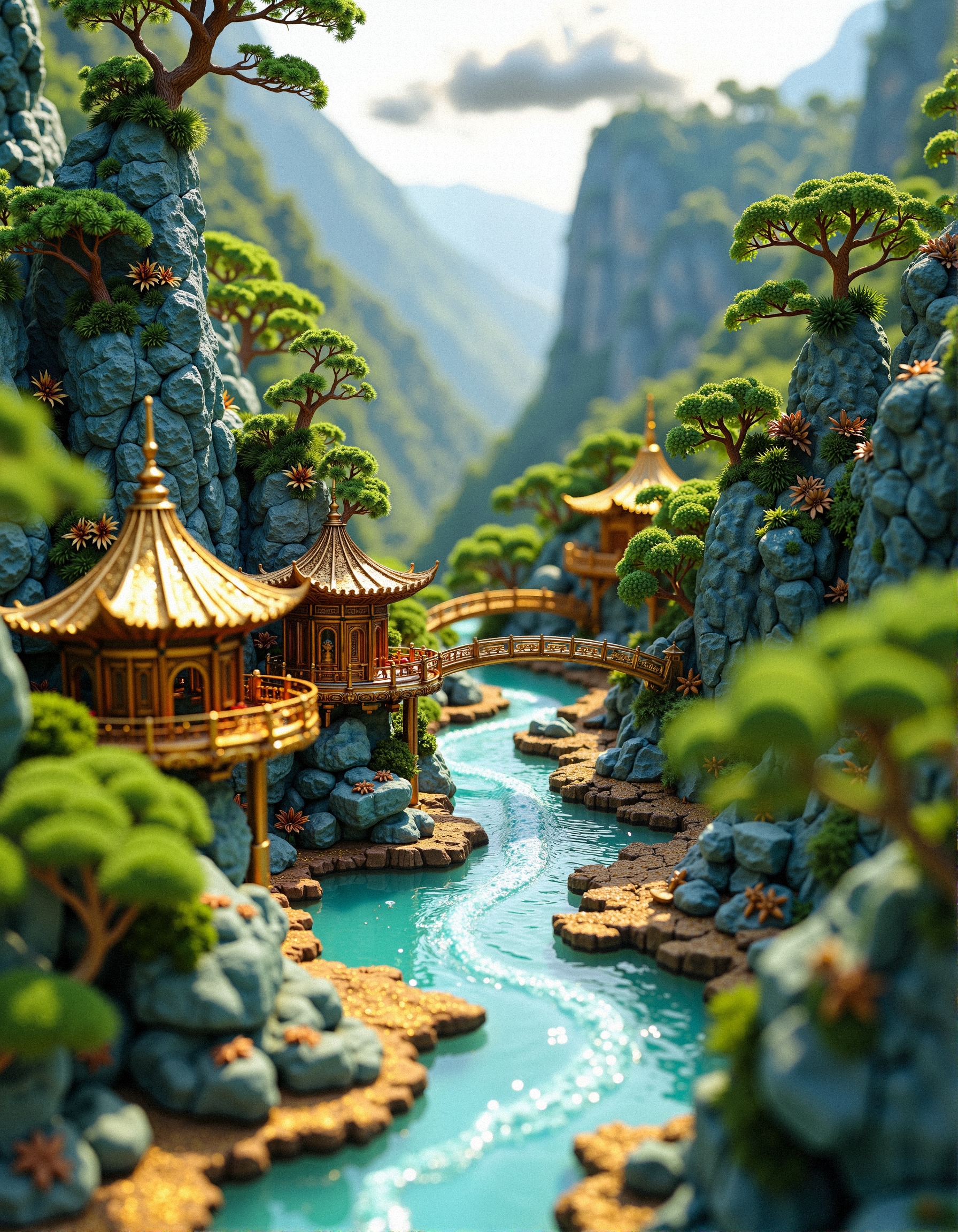 aidmaHyperrealism,
A mesmerizing miniature fantasy diorama, crafted with intricate gold filigree and shimmering enamel, depicting a serene mythical landscape inspired by ancient Chinese art. Delicate emerald-green trees with meticulously sculpted foliage stand elegantly against cascading golden mountains, their surfaces reflecting soft ambient light, creating a divine radiance. A flowing white jade river, adorned with gentle golden ripples, winds through the scene, carrying an air of tranquility. Tiny, ornate bridges and golden pagodas nestle amongst the hills, their detailed rooftops and delicate latticework capturing the essence of timeless elegance. Above, cloud-like formations sculpted in gold gracefully frame the scene, adding a celestial charm that enhances the ethereal atmosphere. Every tiny detail, from the gold-dusted trees to the finely engraved waves, showcases masterful craftsmanship, blending traditional artistry with an otherworldly glow, creating an exquisite dreamlike realm frozen in time.
 <lora:aidmaHyperrealism-FLUX-v0.3:0.5> <lora:FluxDFaeTasticDetails:0.3>
