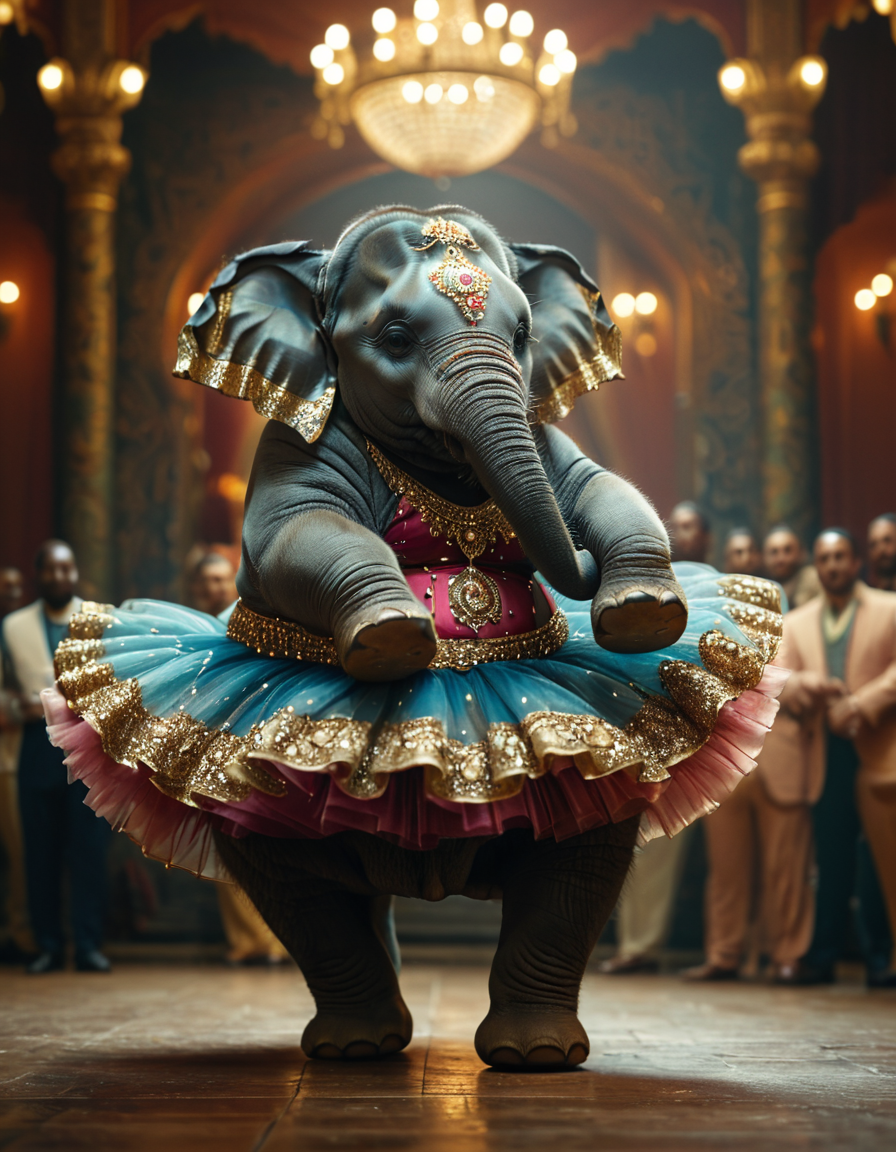 cinematic still fat elephant, ballarina . emotional, harmonious, vignette, 4k epic detailed, shot on kodak, 35mm photo, sharp focus, high budget, cinemascope, moody, epic, gorgeous, film grain, grainy, fat elephant, ballarina, intricate, highly detailed, wonderful aesthetic, dramatic ambient light, sharp focus, refined, epic composition, cinematic, pristine, beautiful, elegant, rich deep colors, dynamic, strong crisp, artistic, complex, appealing, brilliant, creative, awesome, shiny, colorful, extremely inspired,, color spread illumination, amazing, cute, perfect, lovely