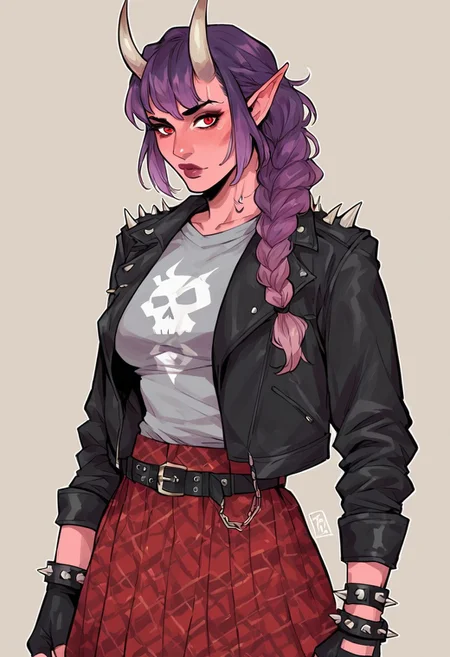 Score_9_up, score_8_up, score_7_up, score_6_up, source_cartoon, BREAK 1girl, solo, Figfaeth, horns, pointy ears, red eyes, brown hair, purple hair, gradient hair, braid, bangs, colored skin, pink skin, devil tail, makeup, leather jacket, grey skull print shirt, spiked bracelets, fingerless gloves, belt, red plaid skirt,
