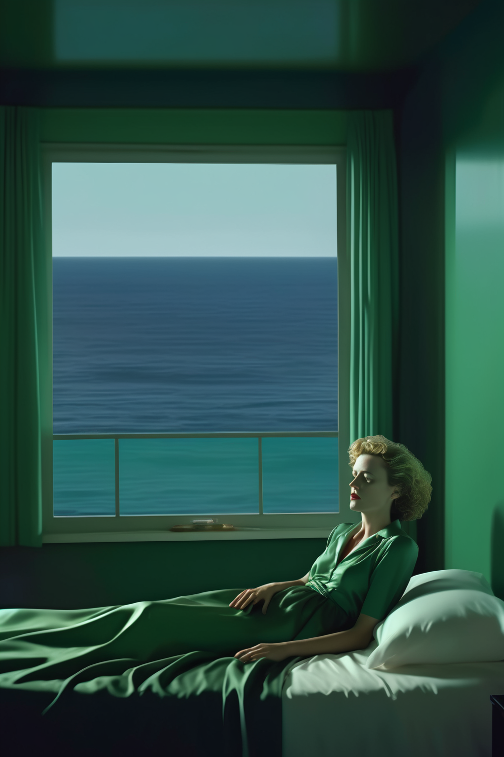 <lora:Director Gaspar Noe style:1>Director Gaspar Noe style - a woman in bed with eys closed lying in beda window with ocean view, in the style of philip-lorca dicorcia, green, jason rhoades, in the style of gregory crewdson, tonalist color scheme, site-specific, vertigo green hotel room colour.