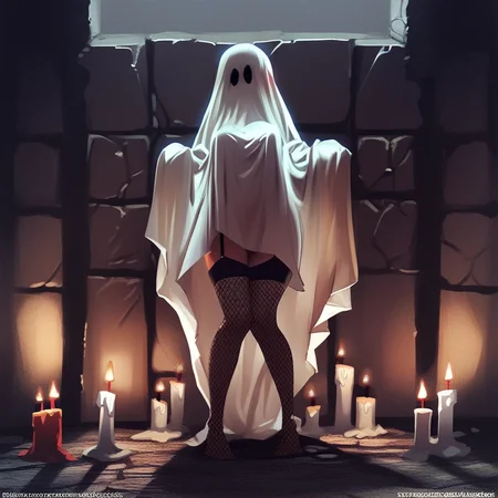 (PG13), rating:safe, source_anime, colorful, score_9, score_8_up, score_8, 1girl, Princess Zelda, covering_face, 5H33TGH05T, sheet_ghost, BREAK, 1woman, long hair, milf, (detailed face), (detailed skin), detailed eyes, curvy, perky breasts, pigeon-toed, knees_together_feet_apart, garter straps, black thighhighs, fishnets, candle, candles, prison, stone, arched, iron bars,