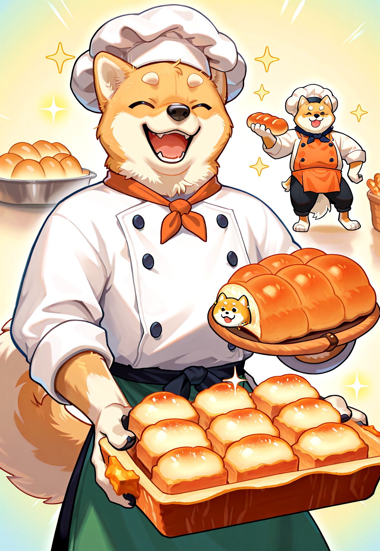 masterpiece, best quality, absurdres, high score, very aesthetic, anptzisksk, isekai, smile, open mouth, long sleeves, 1boy, holding, tail, closed eyes, male focus, food, apron, sparkle, :3, buttons, furry, dog, furry male, bread, chef hat, chef, shiba inu