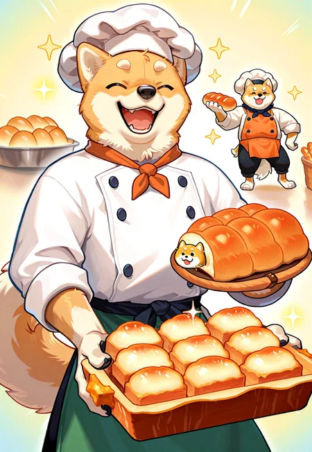 masterpiece, best quality, absurdres, high score, very aesthetic, anptzisksk, isekai, smile, open mouth, long sleeves, 1boy, holding, tail, closed eyes, male focus, food, apron, sparkle, :3, buttons, furry, dog, furry male, bread, chef hat, chef, shiba inu