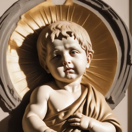 statue bust of baby sol invictus, staff in his hands, with a halo and rays around head, on a wall, (Cimabue:0.269), (sun:0.084), (a statue:0.404), (greek:0.777)