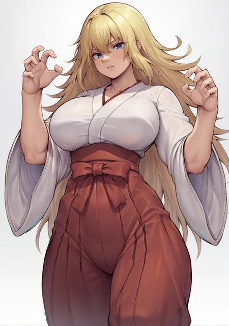 score_9, score_8_up, score_7_up, BREAK,<lora:SpeedyB00y_Style_Pony:1>, 1girl, solo, dynamic pose, large breasts, simple background, <lora:add-detail-xl:.5>, white kimono, (red hakama:1.2), long hair, blonde hair, blue eyes