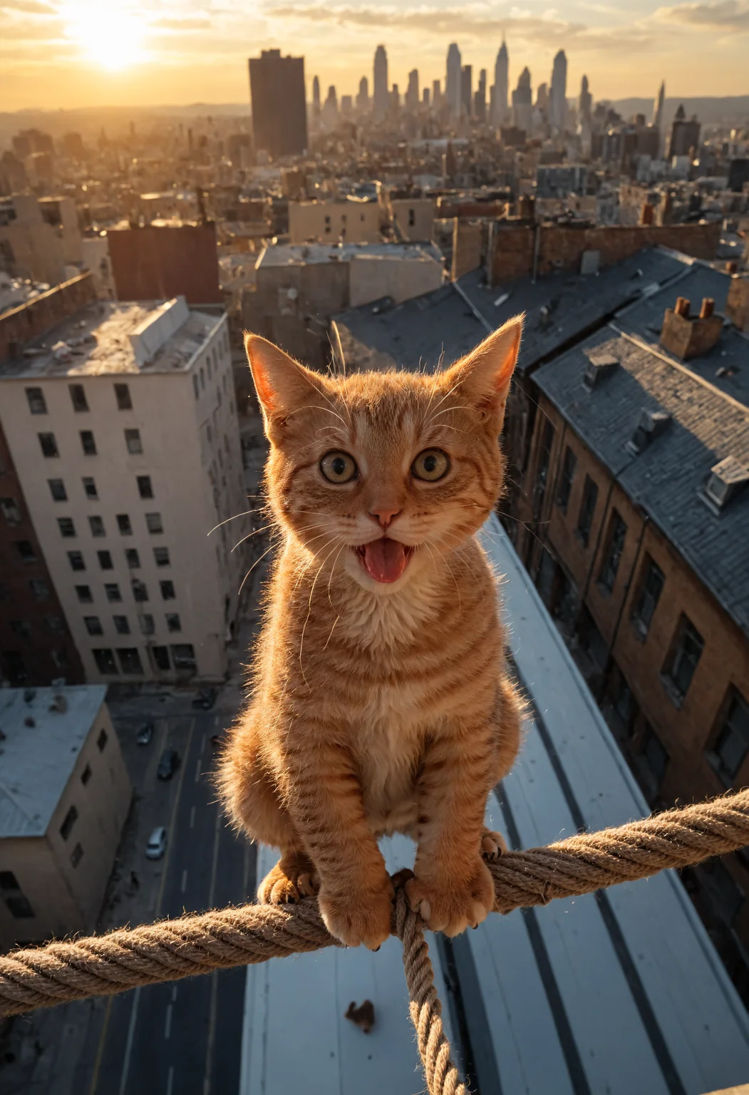cinematic still Realistic-style kitten precariously hanging onto a rope between city buildings, viewed from above. Its tiny claws desperately grip the rope as tears well up in its frightened eyes. The kitten looks helpless, its mouth open as if crying for help. Below, the city streets appear dangerously far away, emphasizing the height and risk. The dramatic sunset sky casts long shadows, enhancing the tension and urgency of the moment. The scene captures the kitten’s desperation and the overwhelming danger of its situation . emotional, harmonious, vignette, 4k epic detailed, shot on kodak, 35mm photo, sharp focus, high budget, cinemascope, moody, epic, gorgeous, film grain, grainy, Realistic-style kitten precariously hanging onto a rope between city buildings, viewed from above. Its tiny claws desperately grip the rope as tears well up in its frightened eyes. The kitten looks helpless, its mouth open as if crying for help. Below, the city streets appear dangerously far away, emphasizing the height and risk. The dramatic sunset sky casts long shadows, enhancing the tension and urgency of the moment. The scene captures the kitten’s desperation and the overwhelming danger of its situation, cinematic, epic, dynamic, ambient light, detailed, sharp focus, highly coherent, elegant, intricate, very stylish, futuristic, professional, surreal, artistic, pure, inspired, glowing, deep background, radiant illumination, beautiful, aesthetic, sublime