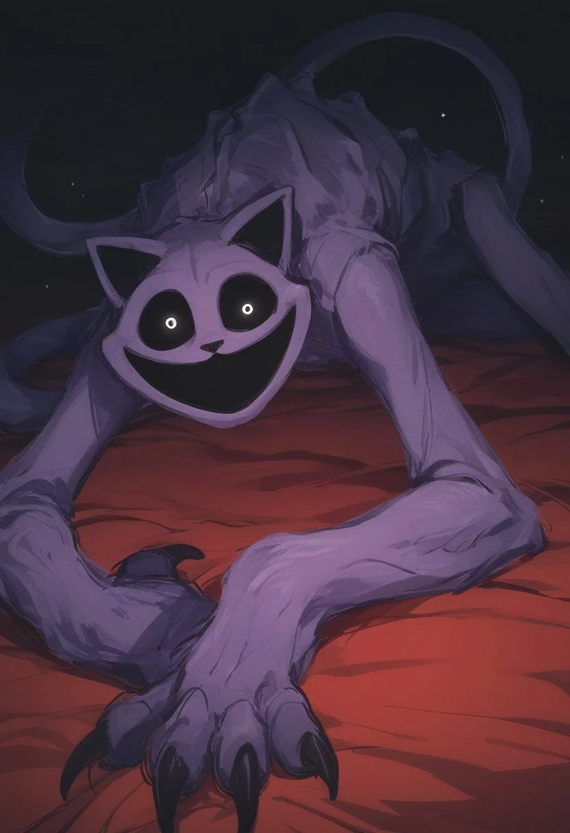 (score_9, score_8_up, score_7_up, score_6_up), 
monster, horror, purple fur, body stitched together, seams, long limbs, claws, skinny, bony body, lying down, dark room, bedroom, dark night, gloomy atmosphere, CatNap, small glowing white eyes, large empty sockets, looms over the viewer, red gas from the mouth, red gas fills the room, red gas