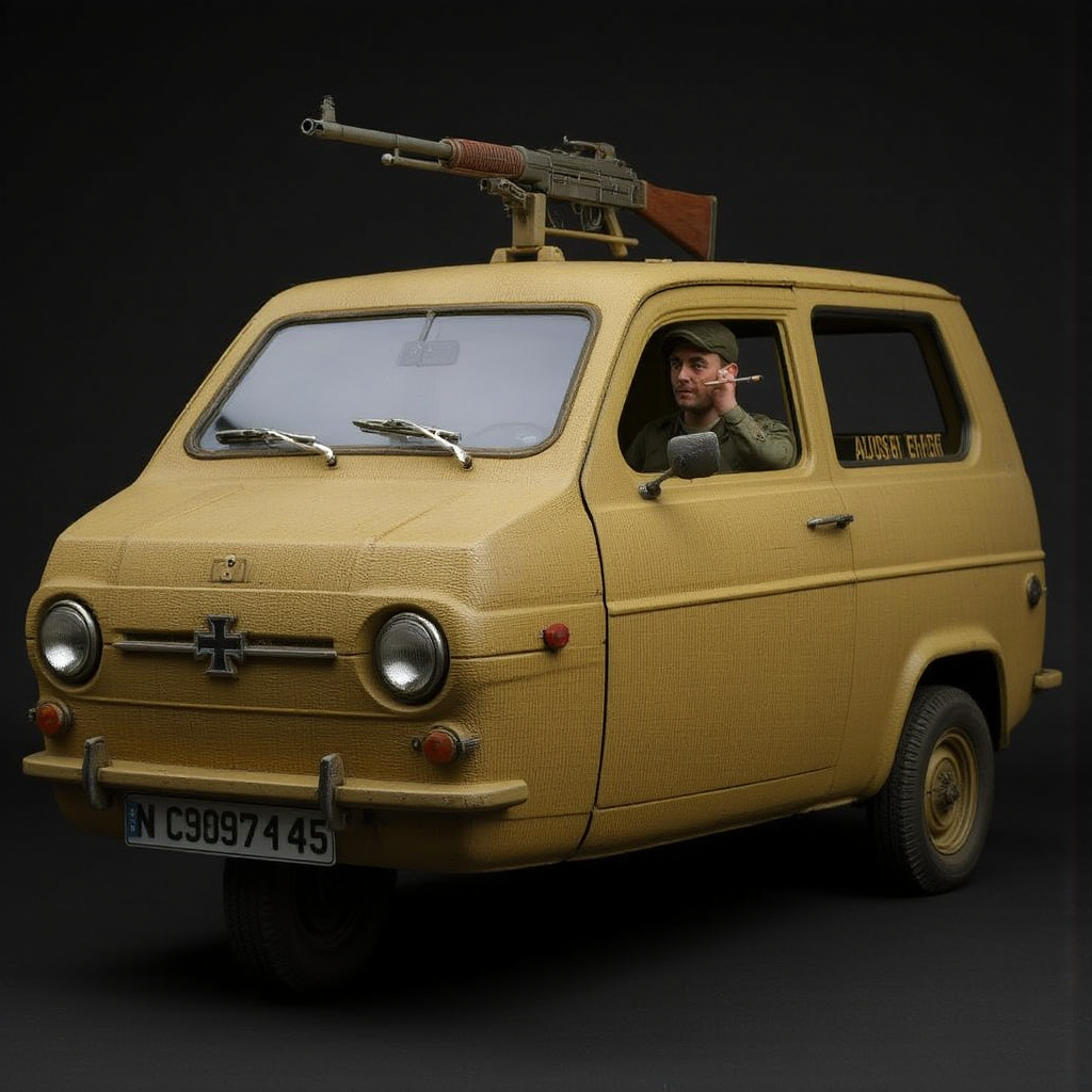 A Reliant Robin three-wheeler car, the front wheel is in the center of the vehicle, repurposed for WWII German military service, covered in zimmerit anti-magnetic mine coating with a rough, ridged texture across its armored body. Painted in a weathered dunkelgelb (dark yellow) camouflage pattern with faded Balkenkreuz insignias on the sides, the tiny vehicle is equipped with a pintle-mounted MG42 machine gun on the roof. A German soldier in a field-grey uniform sits in the open driver’s door, smoking a cigarette while scanning the war-torn landscape. Mud splatters cover the wheel wells and lower panels, indicating rough use on the Eastern Front.