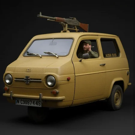 A Reliant Robin three-wheeler car, the front wheel is in the center of the vehicle, repurposed for WWII German military service, covered in zimmerit anti-magnetic mine coating with a rough, ridged texture across its armored body. Painted in a weathered dunkelgelb (dark yellow) camouflage pattern with faded Balkenkreuz insignias on the sides, the tiny vehicle is equipped with a pintle-mounted MG42 machine gun on the roof. A German soldier in a field-grey uniform sits in the open driver’s door, smoking a cigarette while scanning the war-torn landscape. Mud splatters cover the wheel wells and lower panels, indicating rough use on the Eastern Front.