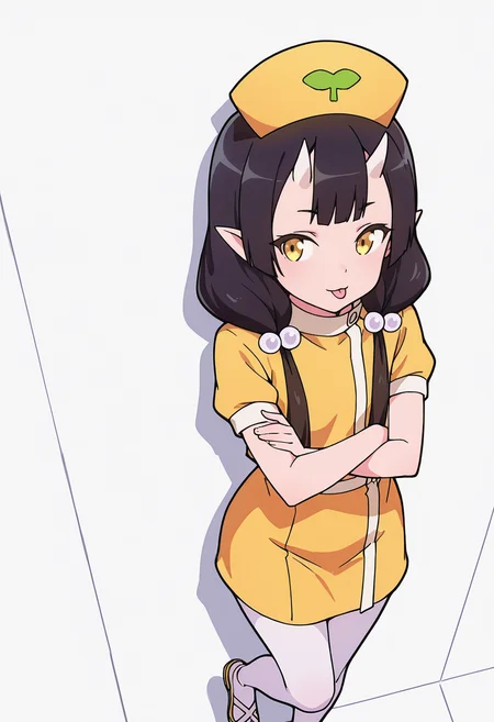 Smooth Quality,masterpiece,very intricate, high quality details, ultra realistic, high detailed skin,detailed enviorement,absurdres,
pointing forward,solo,
<lora:Care_Resumisu_CNR:0.8> care_cnr, 1girl,black hair, pointy ears, long hair, yellow eyes, oni, low twintails, skin-covered horns, bobbles,
care_yellow_cnr, yellow dress, white pantyhose,short sleeves,hat, hair ornament, hair bobbles, nurse cap,, simple background, white background, from above,
leaning against wall, one foot up, arms crossed, looking away,,, raincoat, ,crop top, ,high-waist skirt, ,, :p,