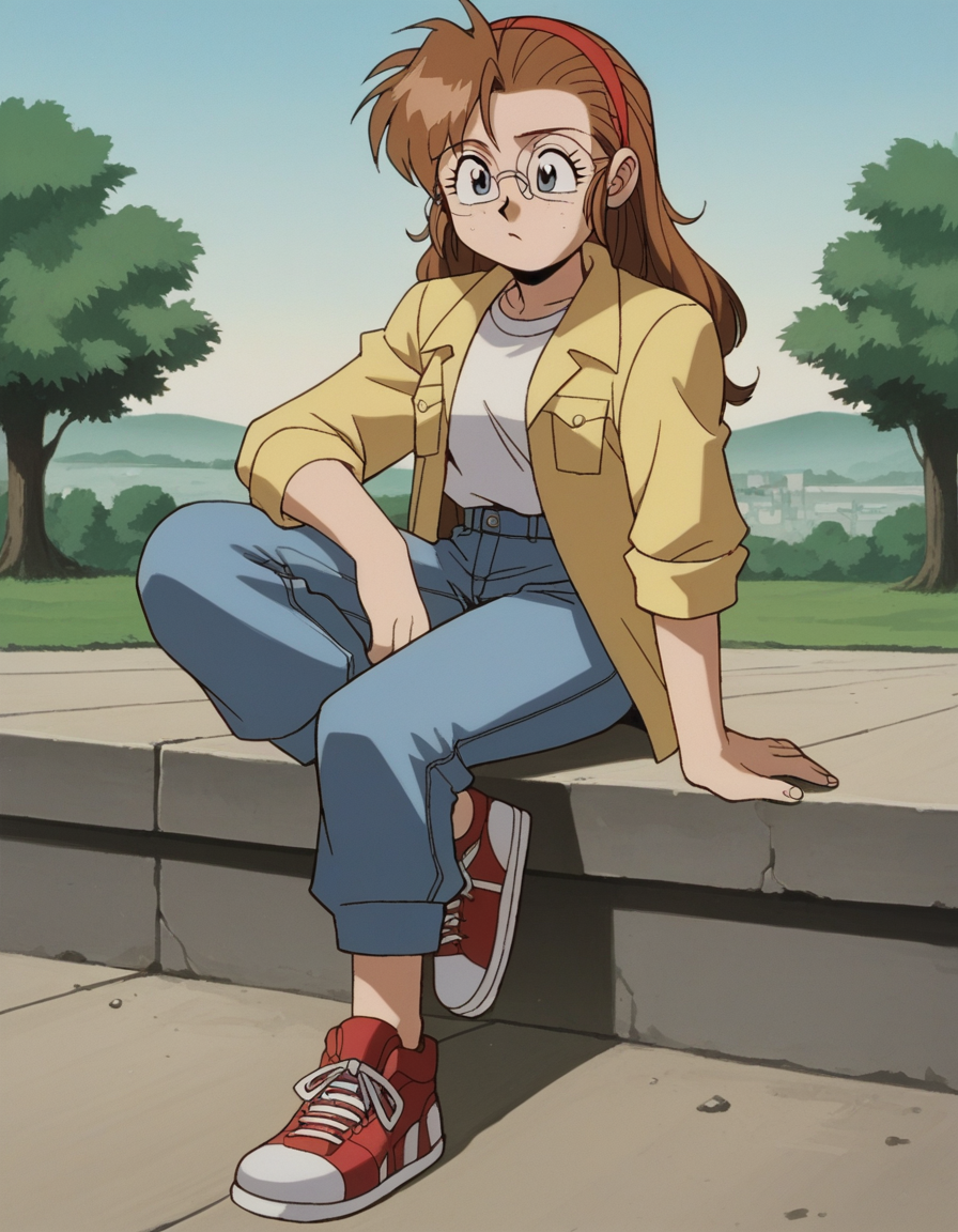 zPDXL, score_9, score_8_up, score_7_up, source_anime, 8k, absurdres, 1990s \(style\), retro artstyle, anime coloring, 
1girl, solo, <lora:Gunsmith_v3-20:1> gnsmth, becky, round eyewear, freckles, grey eyes, brown hair, long hair, yellow jacket, sleeves rolled up, blue pants, sneakers, white shirt,
