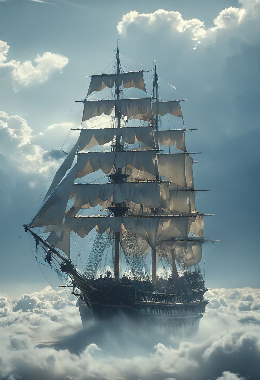 Bosstyle, in high Blue Sky a giant flying sailing ship sailing on waves of clouds, Overgrown, mystic, ethereal, darkness, 
atmospheric haze, Film grain, cinematic film still, shallow depth of field, highly detailed, high budget, cinemascope, moody, epic, OverallDetail, 2000s vintage RAW photo, photorealistic, candid camera, color graded cinematic, eye catchlights, atmospheric lighting, imperfections, natural, shallow dof