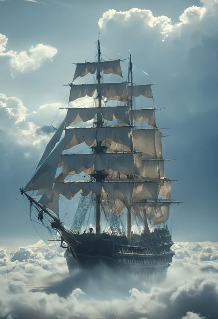 Bosstyle, in high Blue Sky a giant flying sailing ship sailing on waves of clouds, Overgrown, mystic, ethereal, darkness, 
atmospheric haze, Film grain, cinematic film still, shallow depth of field, highly detailed, high budget, cinemascope, moody, epic, OverallDetail, 2000s vintage RAW photo, photorealistic, candid camera, color graded cinematic, eye catchlights, atmospheric lighting, imperfections, natural, shallow dof