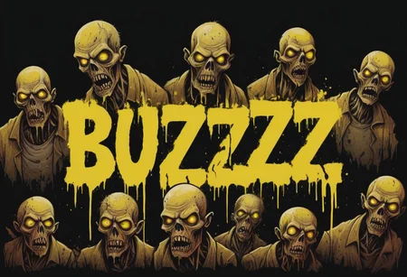 Creepy zombie horde, shambling, damaged bodies, rusty edges, hollow eyes, ruined city, ominous, horror, haunting, macabre, eerie, ink splashes, solid outline, dark background, ink sketch, moody, gloomy, dark picture, stylized, Ink illustration, text:"Buzzzzz" above the horde in yellow letters