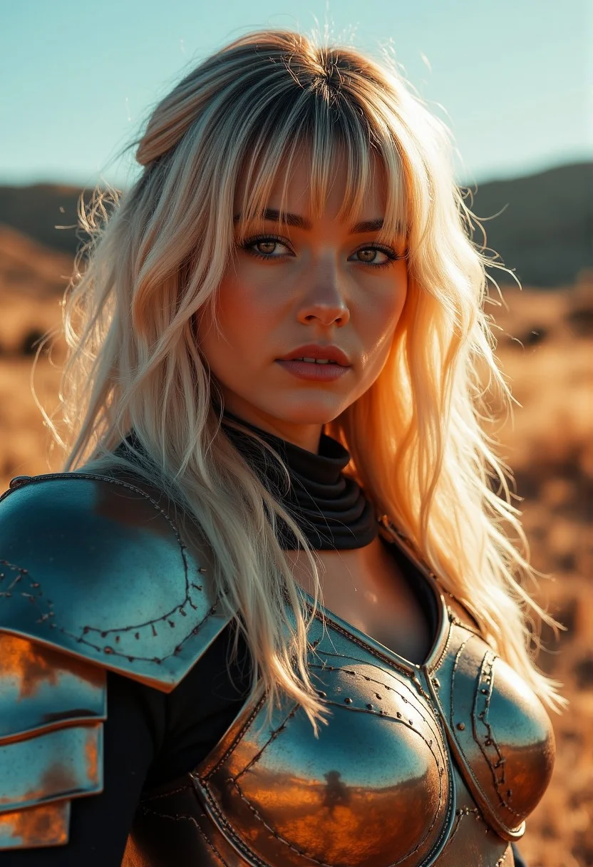 closeup side portrait of korean woman wearing fantasy leather and bronze plate armour, long messily bleached hair, bangs, with solarization Gradient style effect