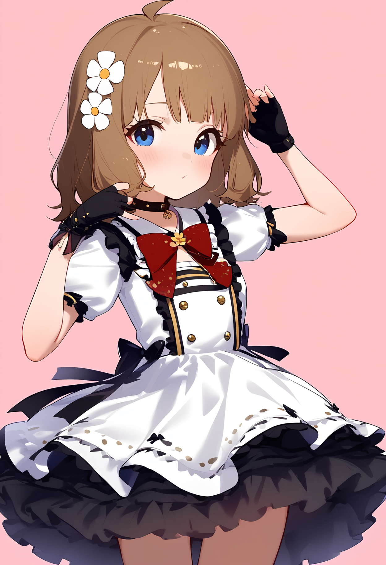 1girl,
suou momoko,


blush, virtual youtuber, skirt, white flower, frilled skirt, flower, solo, collar, dress, frilled collar, white dress, black hair, simple background, petticoat, black gloves, fingerless gloves, gloves, pink background, ahoge, thighs, looking at viewer, frills, short sleeves, red ribbon, cowboy shot, ribbon, medium hair, black skirt, hair ornament, blue eyes, hair flower, arms up,

sfw
<lora:a31_char_new_suou_momoko-000026:1> <lora:a31_style_koni-000010:0.8>