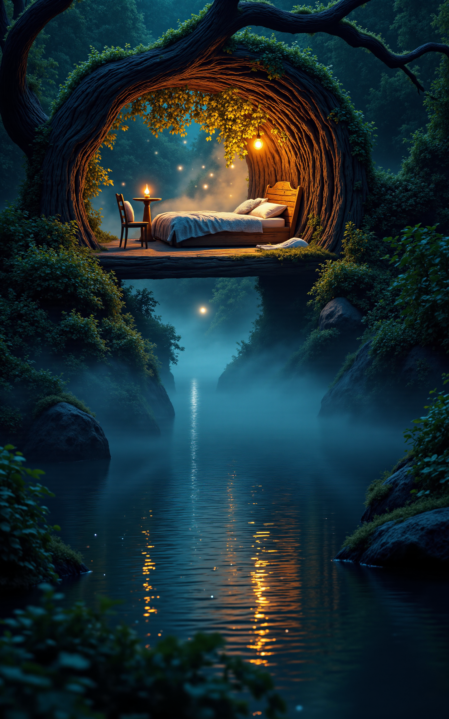 Fantasy bedroom perched in a massive tree beside a misty lake,with an open wall revealing a glowing riverbank forest. Inside,the room has hand-carved wooden furniture,floating candle lights,and a ceiling of enchanted branches with glowing orbs. Soft magical sparkles float through the air. The lake outside reflects moonlight in shimmering ripples. Surreal style,slightly elevated angle,saturated dreamlike color tones.,<lora:aidmaFLuxPro1.1_v0.3:0.7>,aidmafluxpro1.1,<lora:detailifier_sd3.5:0.8>,detailifier,