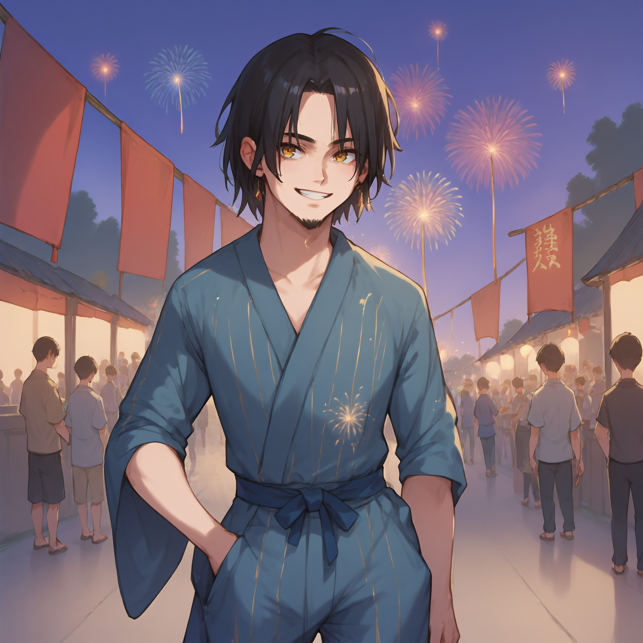 (score_9,score_8_up,score_7_up,score_6_up,score_5_up,score_4_up),
best quality,masterpiece,  <lora:ReyXl:0.8>, Rey, 1boy,  japan, festival, wearing yukata, sparklers, night, fireworks, smile,