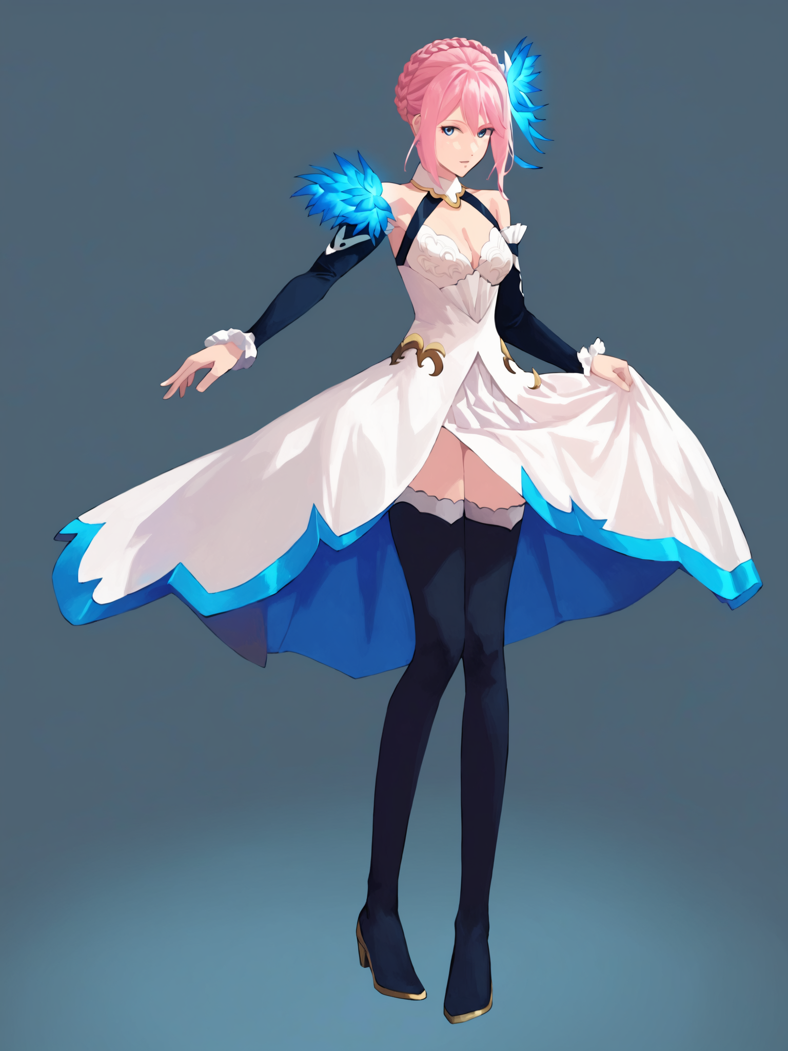 score_9, Score_8_up, Score_7_up, Score_6_up, masterpiece,  best quality, very aesthetic,  <lora:Shionne_V2:1>  15 shionne 01b weddingdress, shionne 01b, pale skin, long hair, (blue eyes), wedding dress 1girl, solo, breasts, 1Girl, hair ornament, thighhighs, dress, bare shoulders, full body, pink hair, braid, detached sleeves, black thighhighss   <lora:detailed_backgrounds_v2:0.6> scenery,