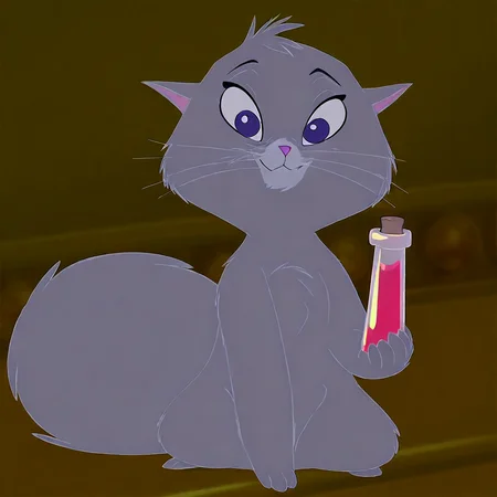 Yzma(cat), furry, feral, feline, female cat, grey body, grey fur, dark-purple eyes, pink nose, whiskers, fluffy tail, Sitting, smile, solo, vial, holding vial