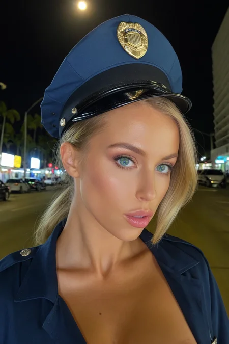 Instagram photo of Nicole Aniston with blonde hair in a low bun, blue-green eyes, wearing a police uniform, standing on a busy Miami street at night, close-up, <lora:LCM-LoRA-XL_V1:0.21218>, <lora:SDXLHighDetail_v5:0.3>, close-up