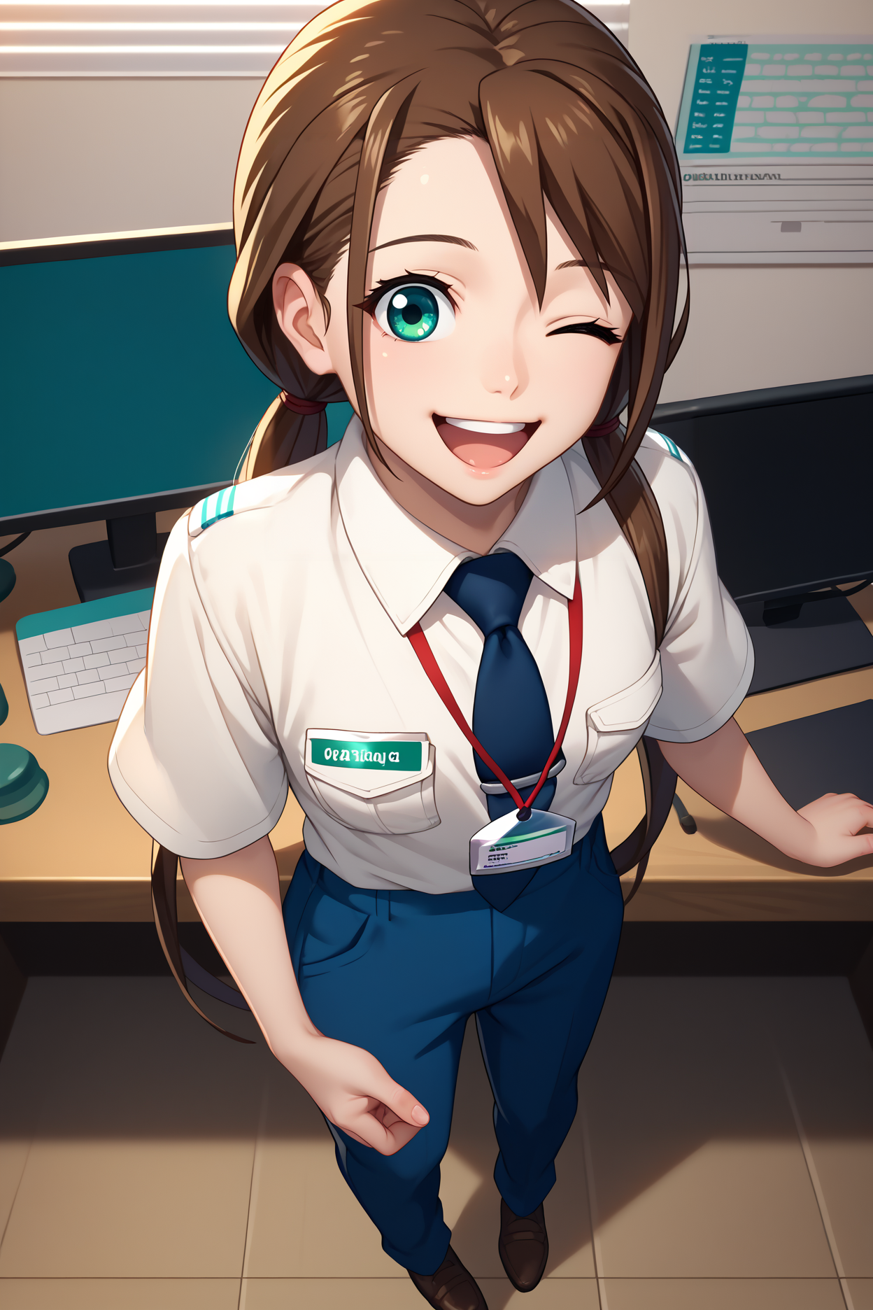 score_9, score_8_up, score_7_up, score_6_up, source_anime, 1girl, solo,  <lora:rnnae-pdxl-nvwls-v1-000005:1> tennoujinae, brown hair, low twintails, turquoise eyes, white shirt, collared shirt, short sleeves, dark blue necktie, lanyard, blue pants, happy, open mouth, office, looking at you, full body, wink