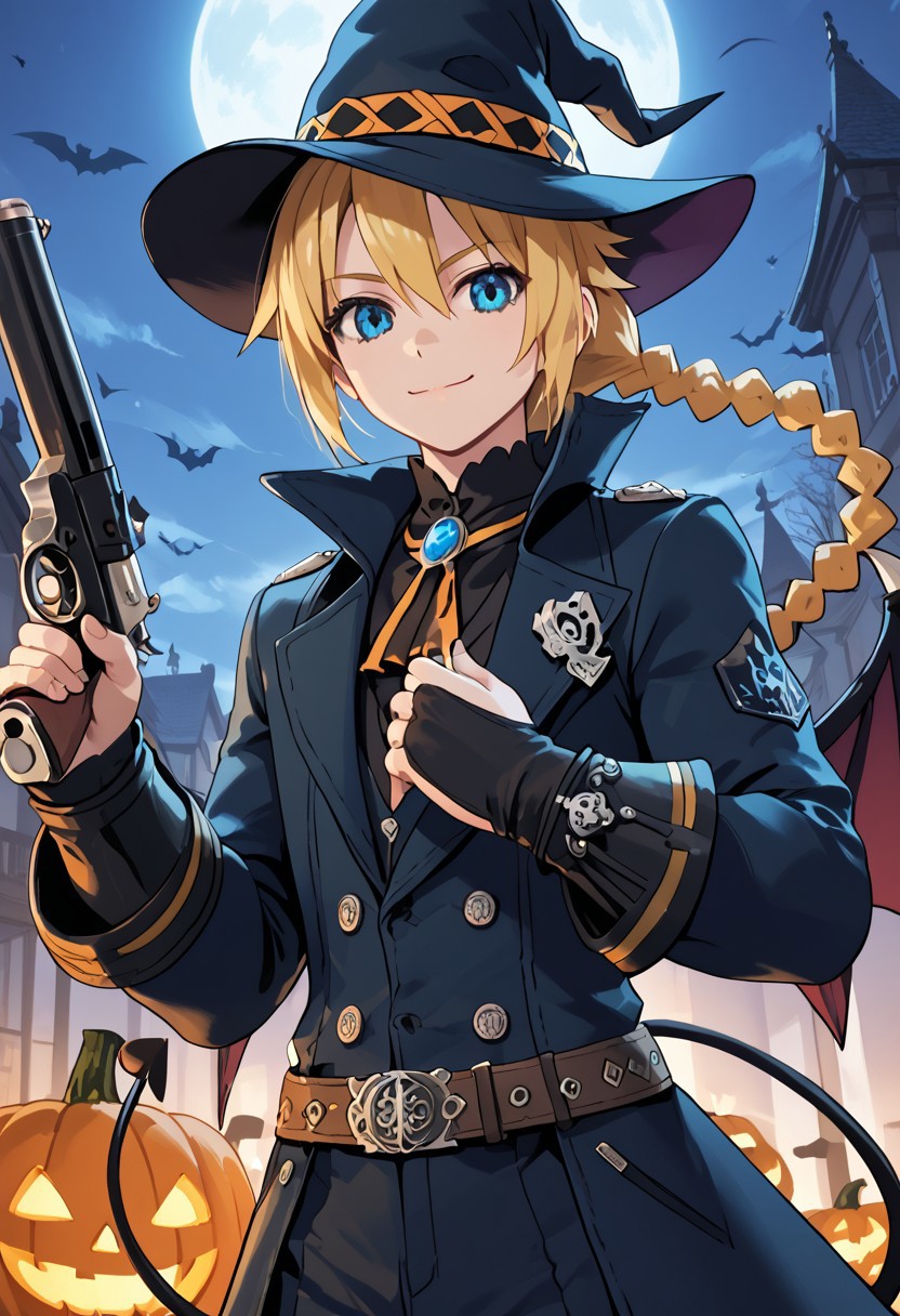 score_4,score_5,score_6,score_7_up,score_8_up,score_9 ((masterpiece,best quality,ultra detailed,highres,HD,4k:1.2)), 
1boy,solo,boy focus,solo focus,
upper body,
 blonde hair,long hair,braided ponytail,spiked hair,single braids,blue eyes,
halloween costume, halloween night, halloween cosplay,hat, gunman costume, coat, holding gun,wings,demon wings,belt,revolver,tail,demon tail,
smile,light smile,closed mouth,