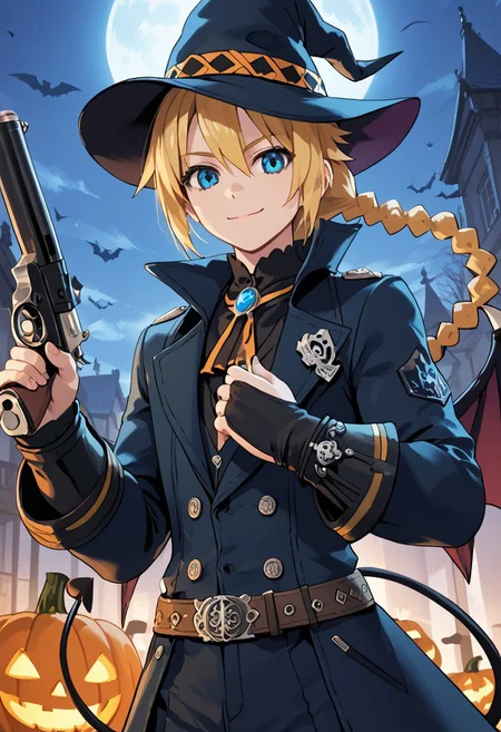 score_4,score_5,score_6,score_7_up,score_8_up,score_9 ((masterpiece,best quality,ultra detailed,highres,HD,4k:1.2)), 
1boy,solo,boy focus,solo focus,
upper body,
 blonde hair,long hair,braided ponytail,spiked hair,single braids,blue eyes,
halloween costume, halloween night, halloween cosplay,hat, gunman costume, coat, holding gun,wings,demon wings,belt,revolver,tail,demon tail,
smile,light smile,closed mouth,