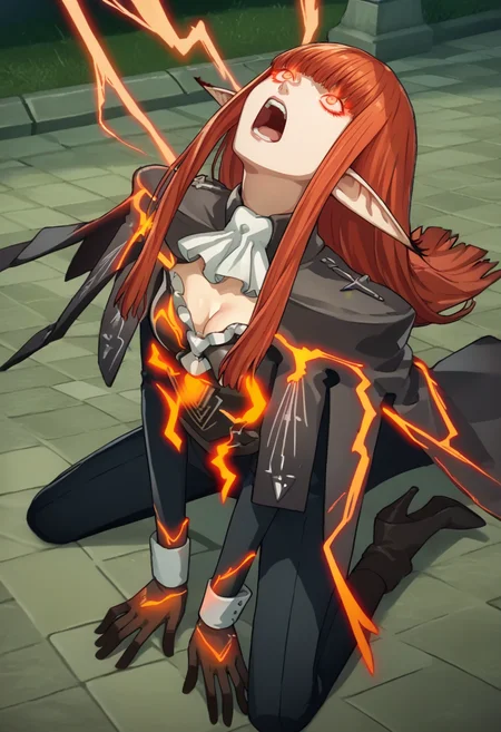 score_9, score_8_up, score_7_up, source_anime, 1girl, kneeling, head back, screaming, orange electricity, from above, BREAK <lora:HulkenbergMR-pdxl:1> hbrgMR, long hair, sidelocks, blunt bangs, orange eyes, glowing, glowing eyes, pointy ears, capelet, black jacket, ascot, breastplate, cleavage, long sleeves, gloves, black pants, high heel boots, wind, outdoors