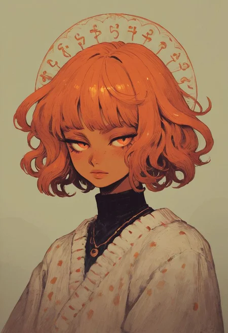 ((score_9, score_8_up, score_7_up)),1girl, olive skin, looking at viewer, long_hair, orange_hair, loose royal clothing, detached_sleeves, fine_fabric_emphasis, orange_eyes, lips, makeup, simple_background