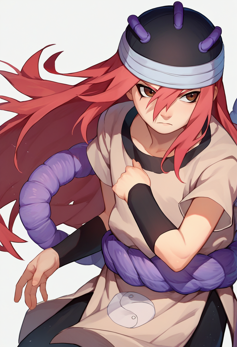 score_9, score_8_up, score_7_up, source_anime,  <lora:Tayuya-000012:1> tayuya, red hair, long hair, brown eyes, tan tunic, purple rope belt, black shorts, arm warmers, black headwear,
