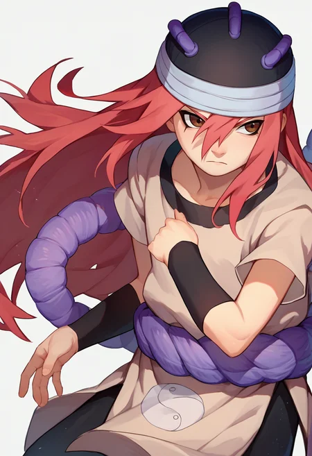 score_9, score_8_up, score_7_up, source_anime, <lora:Tayuya-000012:1> tayuya, red hair, long hair, brown eyes, tan tunic, purple rope belt, black shorts, arm warmers, black headwear,