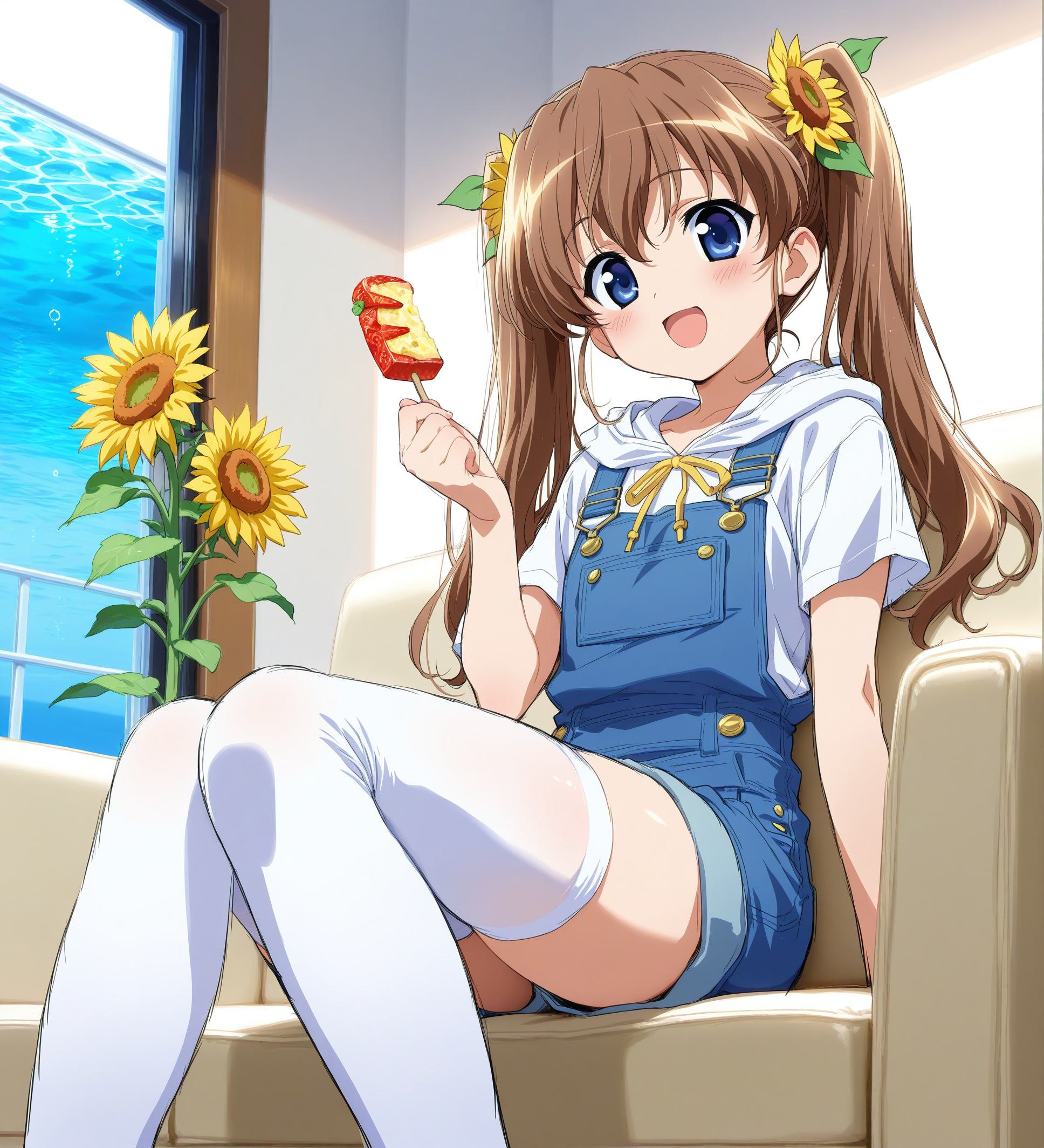 masterpiece,best quality,high resolution,caustics,detailed,1 girl,solo,
interview,chair,sitting,full_body,(close_legs:1),(blush:0.8),smile,indoor,sitting_on_sofa,sofa,
bright_room,look_at_viewer,
nogizaka_mika,nogizaka_haruka_no_himitsu, thighhighs, twintails,  overalls, blue eyes, food, flower, sunflower, white thighhighs, hair ornament, open mouth, long hair, hood, s<lora:mikaV1:1>