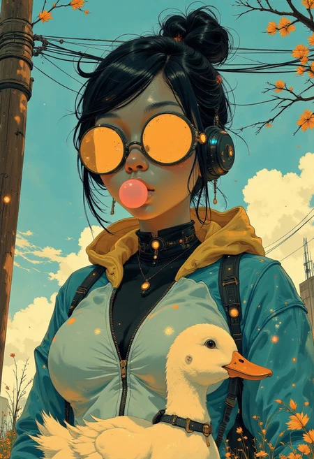 A vibrant and energetic photo of a stylish female street punk, 25 years old, with a bold and futuristic aesthetic. The cyberpunk street warrior has spiky, tousled black hair that adds a playful, rebellious energy to their look. They wear oversized orange-tinted goggles with a opaque surface that reflects the surrounding light, creating a dynamic focal point. (opaque glasses:1).
The goggles are paired with sleek black over-ear headphones, blending modern tech elements with a retro-cyber vibe. A bright pink bubble of gum is mid-pop in front of their face, adding a playful and carefree attitude to the composition.
Her outfit features layered clothing in striking, saturated colors: a bright yellow hoodie layered over a teal jacket with a white zippered vest underneath, contrasting sharply with a black turtleneck that frames their neck.
In the foreground, the woman looks at a small white duck. Around the small duck's neck is a small, simple leash, designed like a pet collar, with the leash tied securely to a nearby wooden post. 1 duck at the entrance to subway.
<lora:Anime v1.3:1.2> <lora:Blue_Future:0.9> <lora:Ethereal_Brush_Anime_v1.0:0.6> <lora:It's a LoRA for portraits, BUT! actually specialized in backgrounds. v1.0:0.2> <lora:Sakimi_chan_-_FLUX:1>