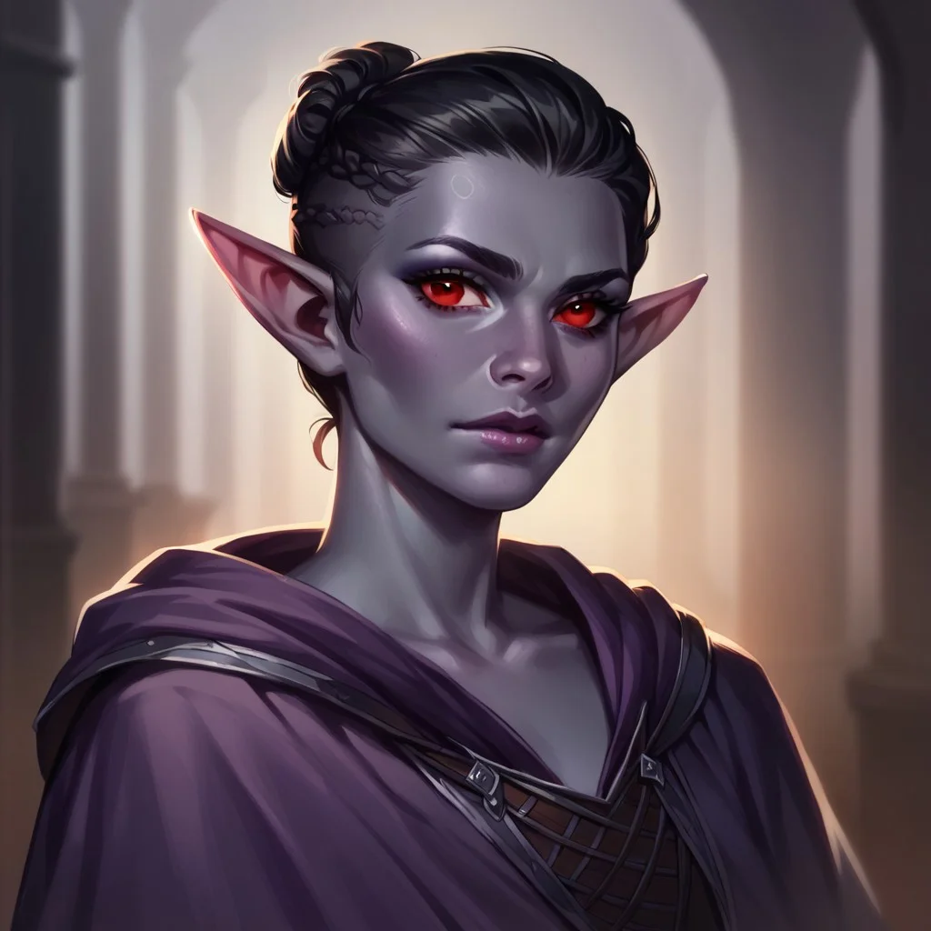 (((detailed, beautiful, high quality))), score_9, score_8_up, score_7_up, upper body,
drow, dark elf, pointed ears,
1 girl, black hair, short hair, shaved temples, full red eyes, gray blue skin, purple robe,
looking at the viewer, posing,
blurred background, fantasy background, dark background,