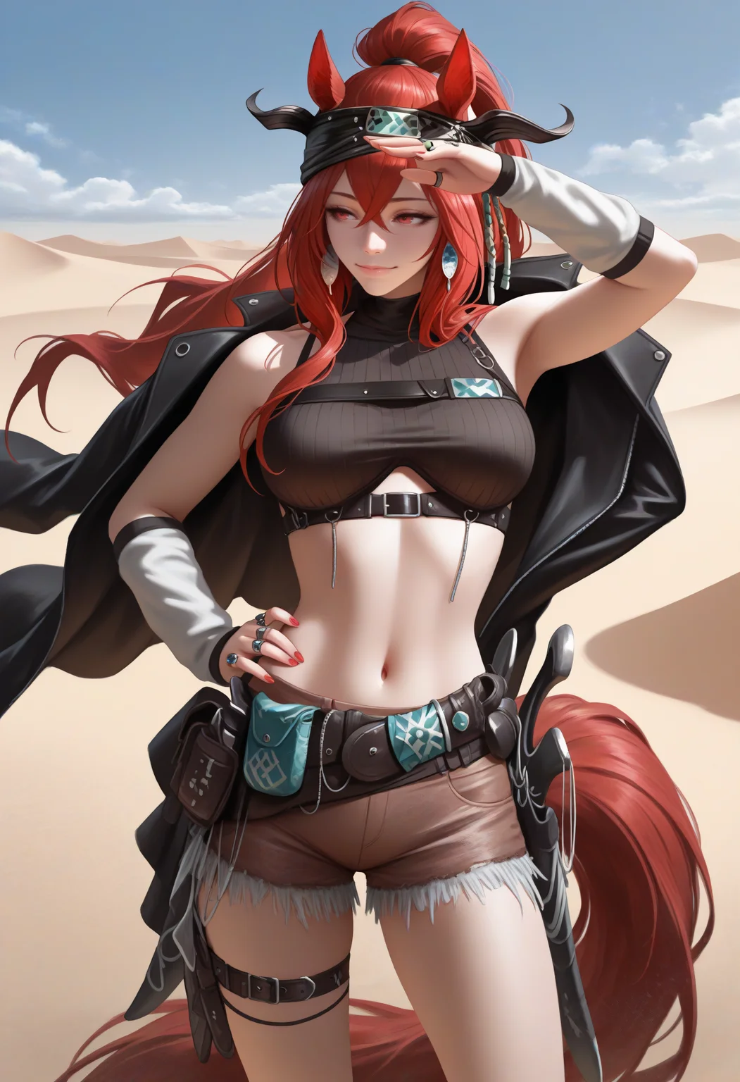 masterpiece, best quality, realistic, solo, 1girl, nrnty, horse girl, horse tail, slight smile, looking away, standing, hand on own hip, shading eyes, red hair, hair between eyes, ponytail, black headwear, horse ears, black horns, red eyes, black jacket, jacket on shoulders, black shirt, sleeveless shirt, cropped shirt, chest strap, underbust, arm warmers, brown shorts, short shorts, cutoffs, belt pouch, knife, sheath, sheathed, thigh strap, multiple rings, red nails, bare shoulders, stomach, navel, outdoors, blue sky, cloud, desert, sand
<segment:yolo-Anzhc Face seg 640 v2 y8n.pt,0.4,0.5//cid=1>