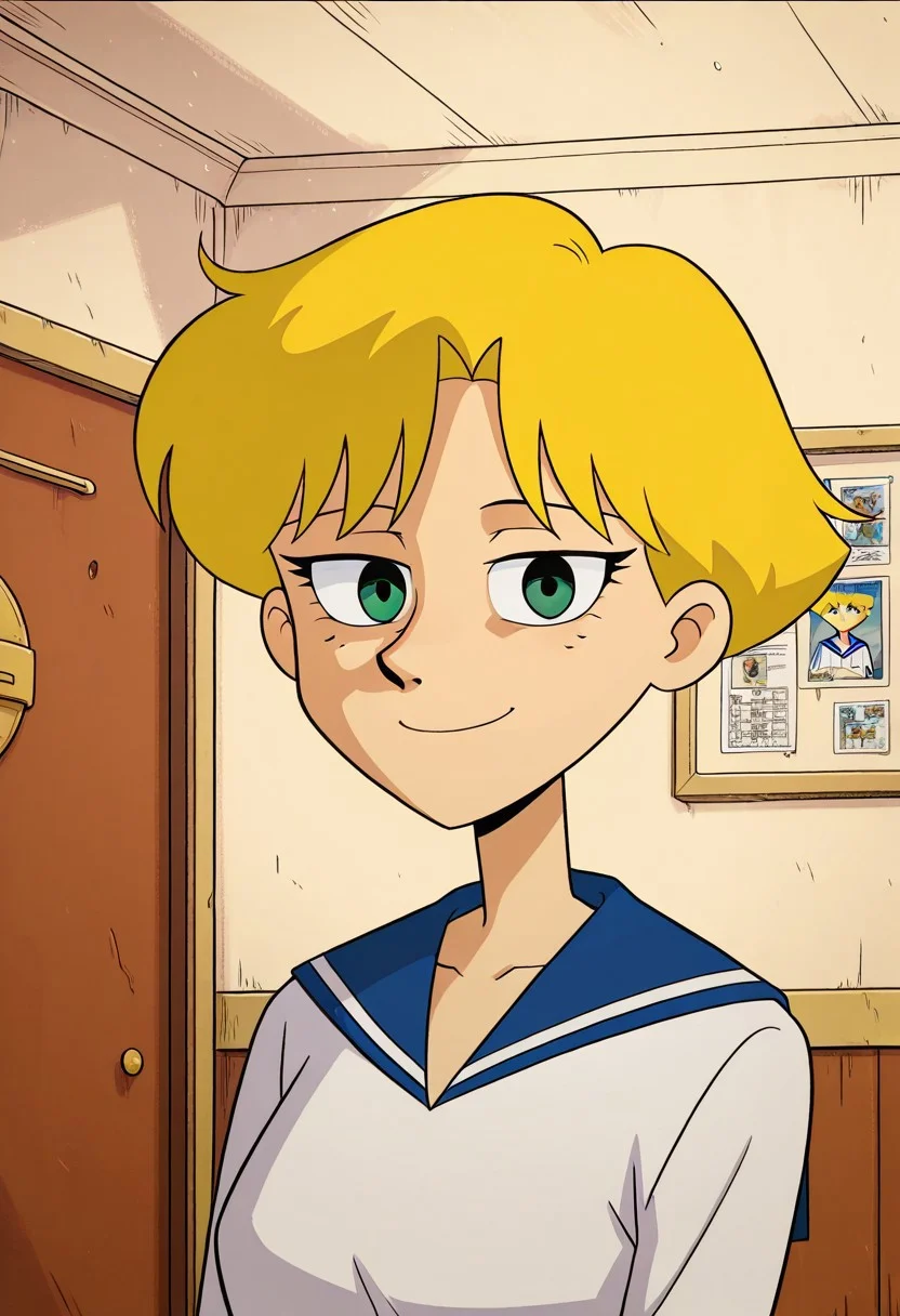 score_9,score_8_up,score_7_up, 1girl, solo, Stella_TADL_IL, fair skin, green eyes, pointy nose, blonde hair, short hair, vintage white sailor shirt, looking at viewer, indoors, room background, (portrait) smile, standing