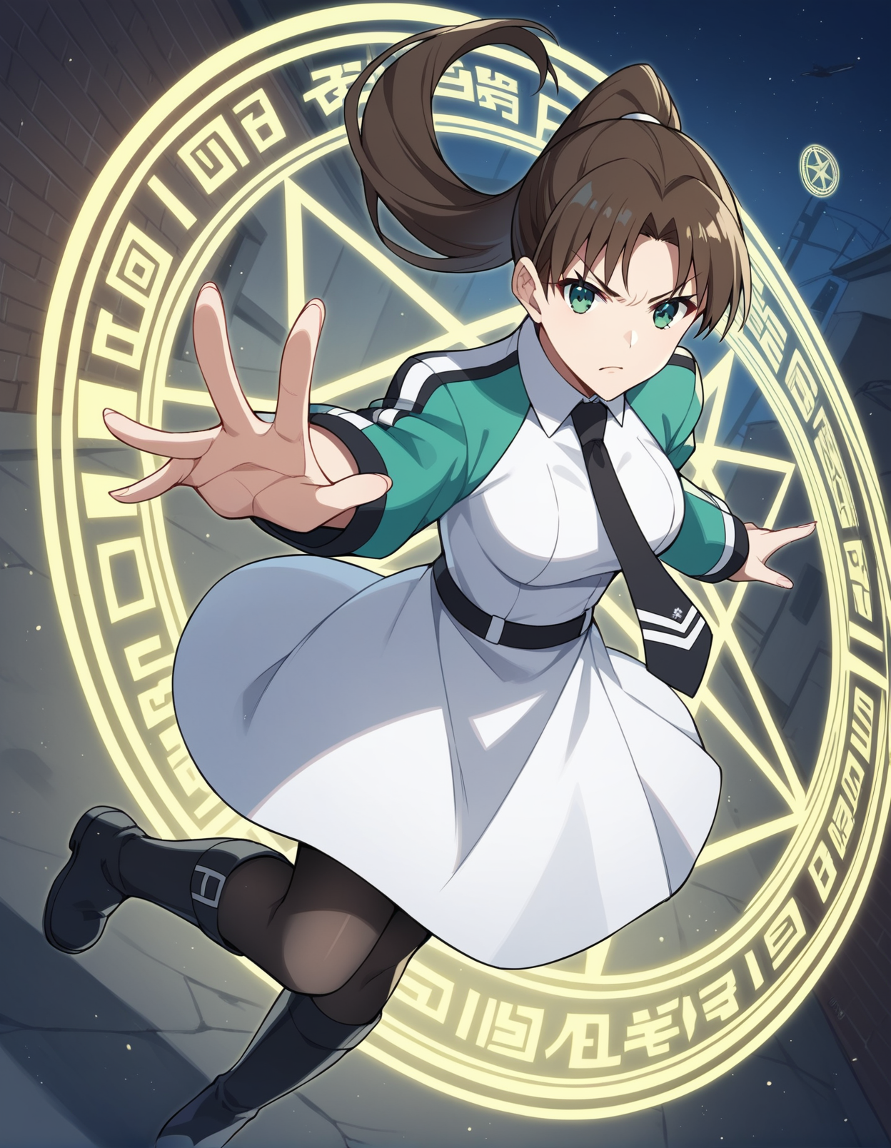 score_9, score_8_up, score_7_up, score_6_up, score_5_up, score_4_up, source_anime, rating_safe, BREAK <lora:sayakaMibuXL_LoRA-C3Lier_AdamW_Dim8_Alpha8_UN-3e-4_TE-1.5e-4_10batch_ponyDiffusionV6XL_v6StartWithThisOne:1>, sayaka mibu, 1girl, brown hair, long hair, ponytail, green eyes, medium breasts, shrug \(clothing\), green jacket, white dress, black necktie, pantyhose, black boots, glaring, looking at viewer, from above, dutch angle, open hand, floating hair, floating, fighting, aura, wind, magic circle, hexagram, night, alley