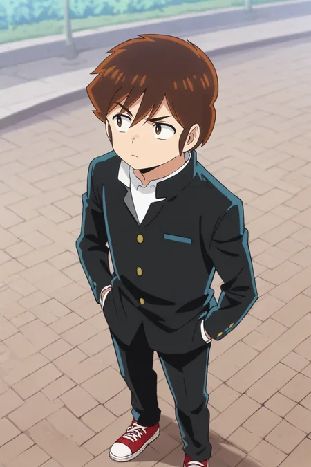 score_9, score_8_up, score_7_up,score_6_up,score_5_up,score_4_up,source_anime,BREAK, rating_safe, intricate details, , anime screencap, anime coloring, official style, depth of field,1boy, solo, male focus,<lora:ataru:0.93> ,ataru moroboshi,brown hair,dark brown eyes,short hair,hair between eyes,shirt, long sleeves, closed mouth, standing, jacket, school uniform, white shirt, full body, male focus, shoes, pants, black jacket, looking to the side, black pants, sneakers, red footwear, hand in pocket, gakuran,from above,school,outdoor  , , , <lora:sdxl_lightning_8step_lora_315544:1>