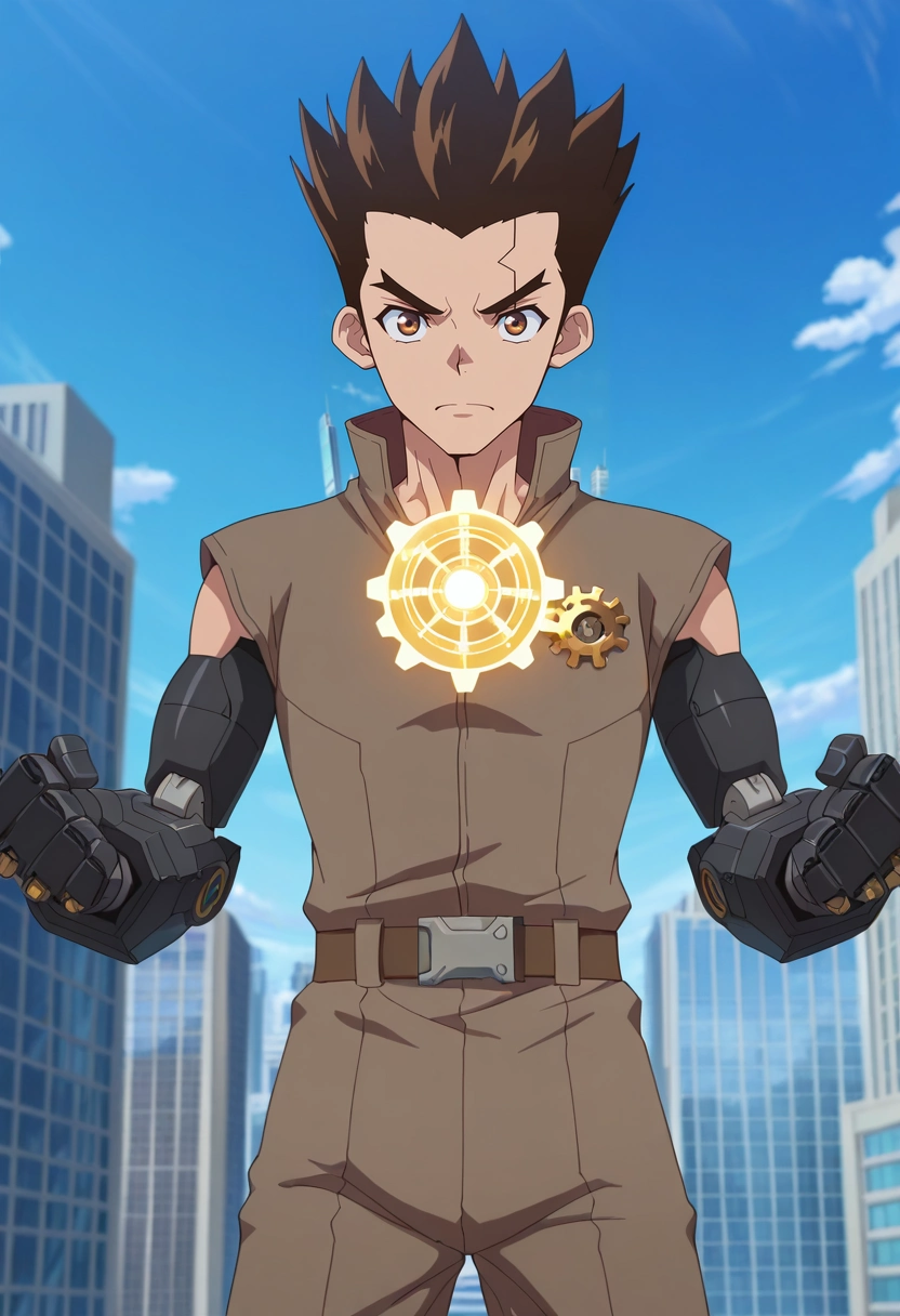 masterpiece, best quality, intricate details, anime screencap, anime coloring, , , 1boy, solo, male focus, <lora:taiju_ooki_ilxl:0.92>, taiju_ooki, brown hair, brown eyes, short hair, spiked hair, tech forge, glowing gears, digital panels, robotic arms, building pose, focused expression, mechanical brilliance,