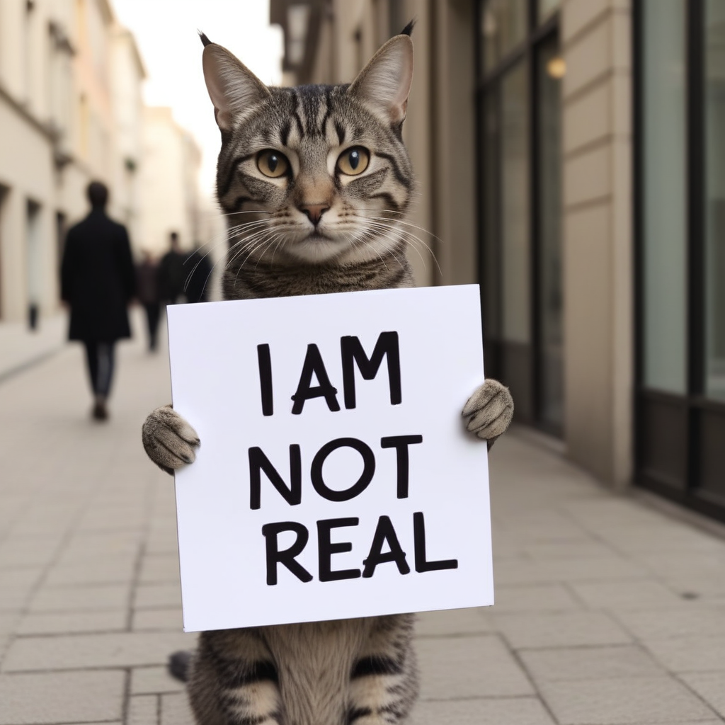 cat holding a sign with text:"i am not real" <lora:text:.8>