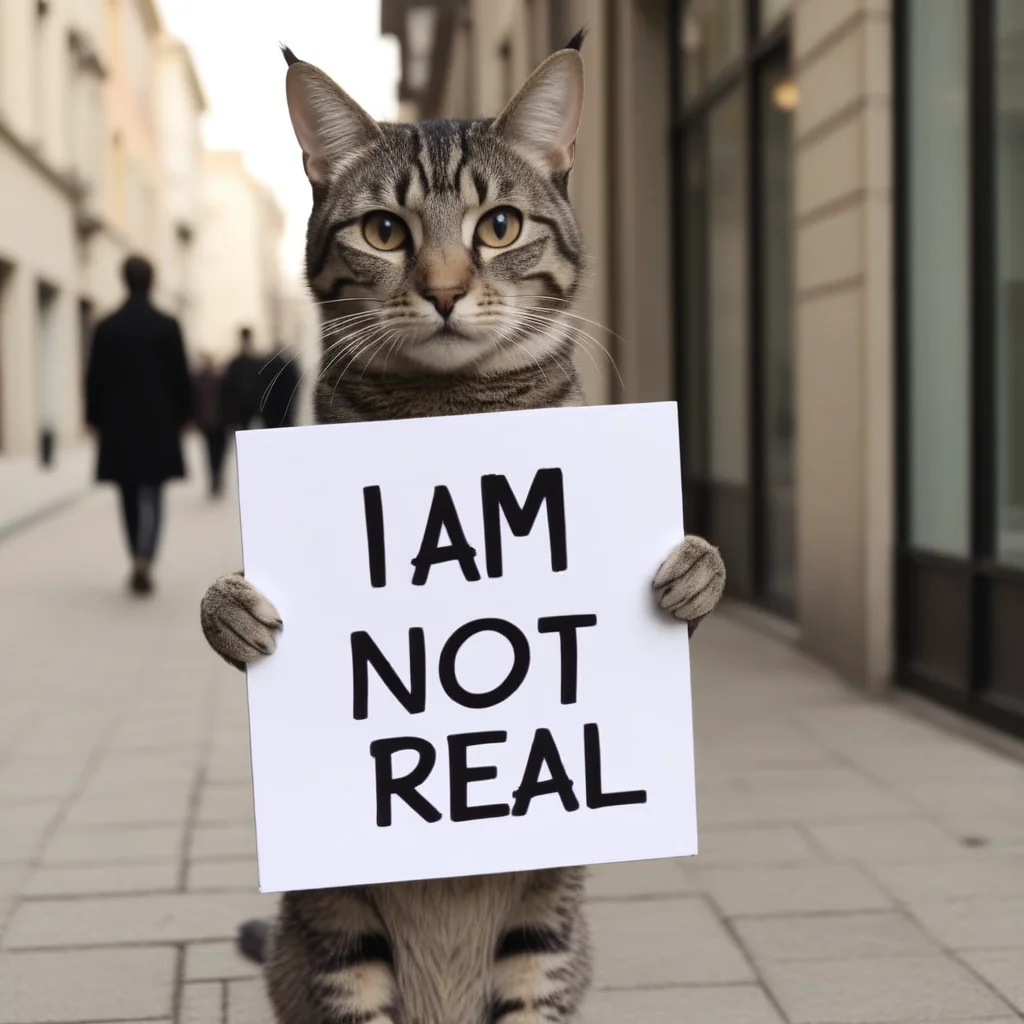 cat holding a sign with text:"i am not real" <lora:text:.8>