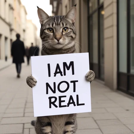 cat holding a sign with text:"i am not real" <lora:text:.8>